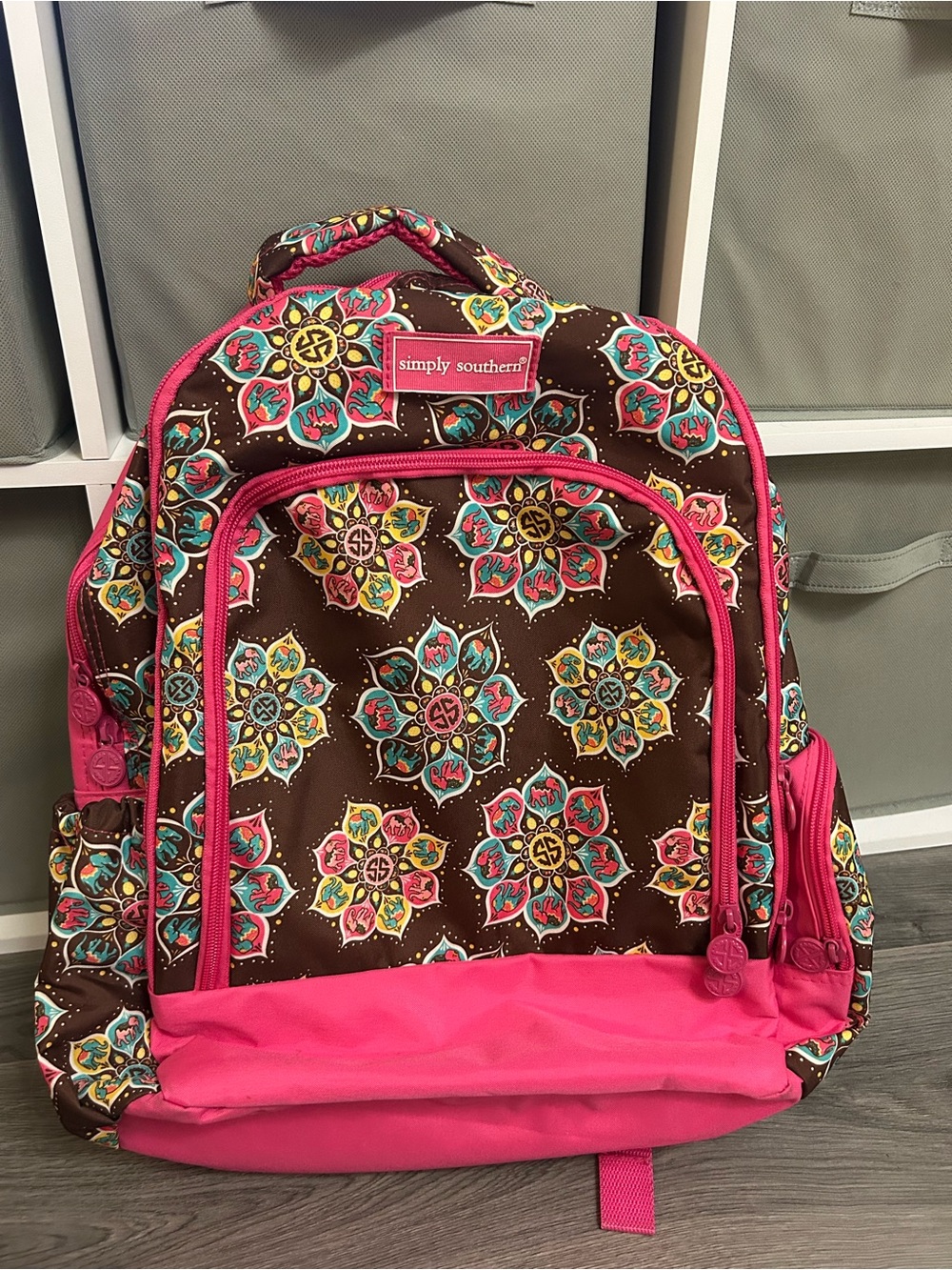 Simply Southern Youth/Kids Brown Floral Backpack with Pink Trim